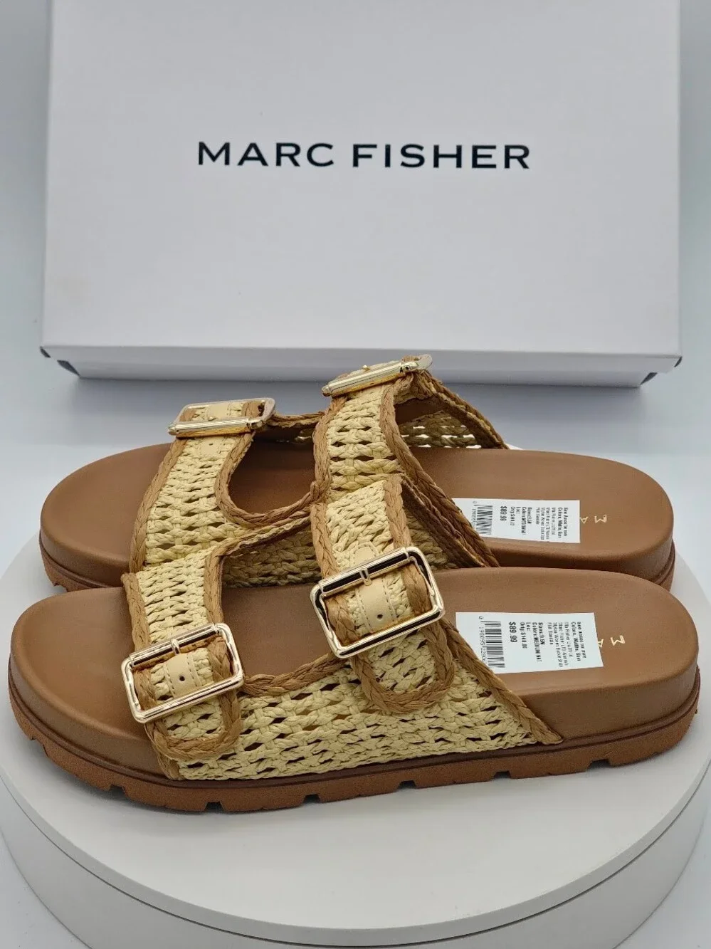 Marc Fisher Mylan Woven Buckle Slide Sandals Women’s Size 9.5 Medium Natural